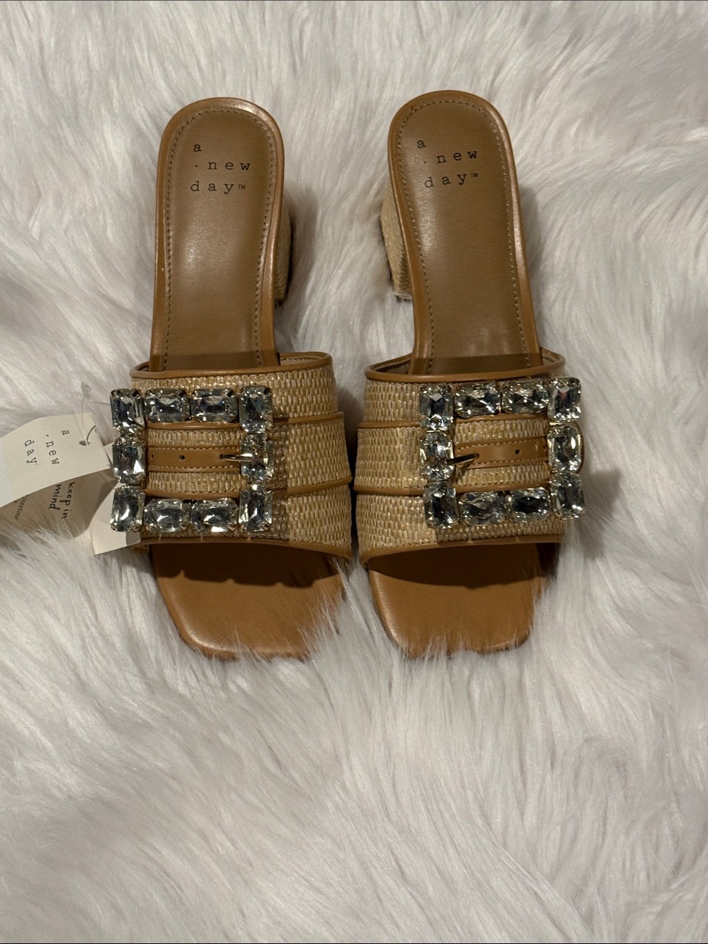 a new day Tan Raffia Slide Sandals with Gem-Embellished Buckles